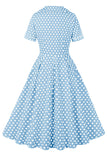 Blue Lapel Neck Polka Dots Vintage Dress with Short Sleeves