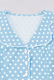 Blue Lapel Neck Polka Dots Vintage Dress with Short Sleeves