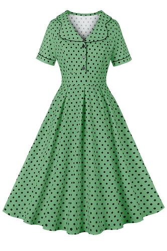 Green Lapel Neck Polka Dots Vintage Dress with Short Sleeves