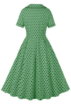 Green Lapel Neck Polka Dots Vintage Dress with Short Sleeves