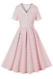 Lapel Neck Pink Polka Dots Vintage Dress with Short Sleeves