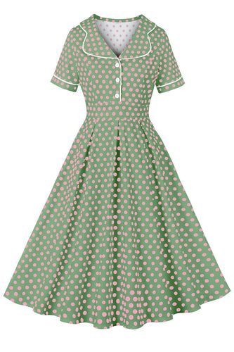 Pink Green Lapel Neck Polka Dots Vintage Dress with Short Sleeves