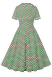Pink Green Lapel Neck Polka Dots Vintage Dress with Short Sleeves