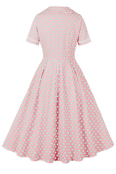 Lapel Neck Pink Polka Dots Vintage Dress with Short Sleeves