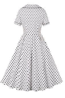 White Lapel Neck Polka Dots Vintage Dress with Short Sleeves