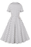 White Lapel Neck Polka Dots Vintage Dress with Short Sleeves