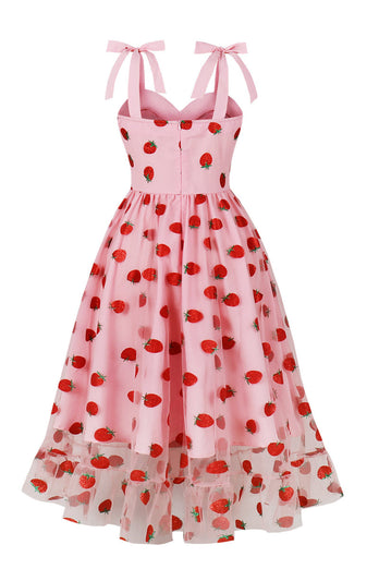 A-Line Pink Pin Up Vintage Dress with Strawberry Printed