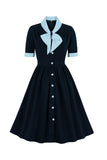 A-Line Navy Retro Button Up Vintage Dress with Short Sleeves