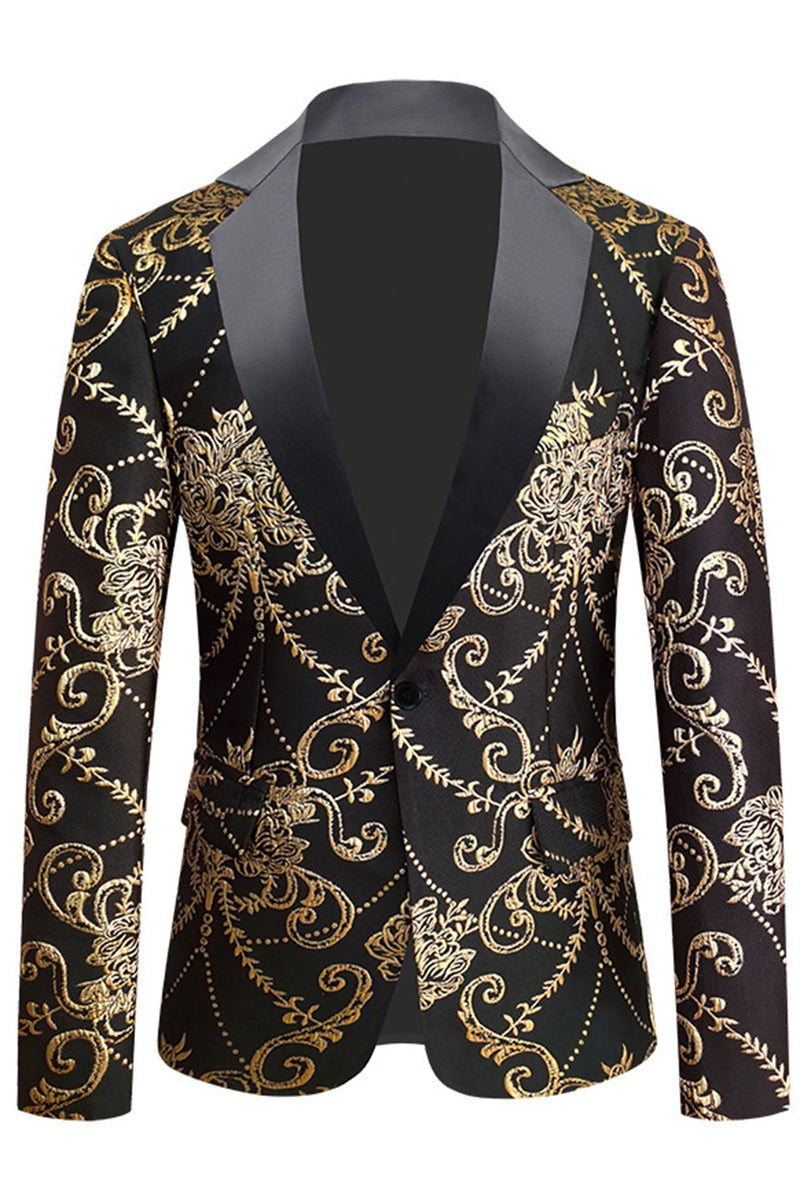 Load image into Gallery viewer, Black Golden Notched Lapel Jacquard Men&#39;s Blazer