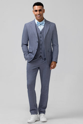 Grey Blue Notched Lapel 3 Pieces Plaid Men's Suits