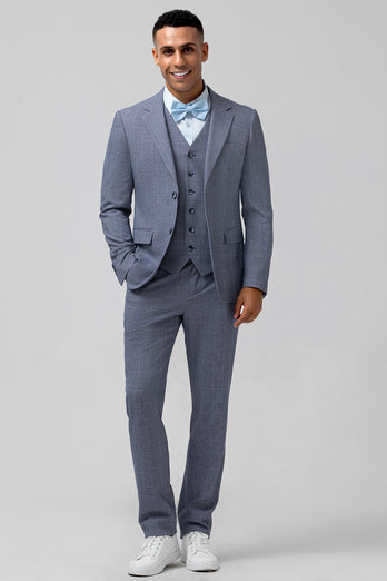 Grey Blue Notched Lapel 3 Pieces Plaid Men's Suits