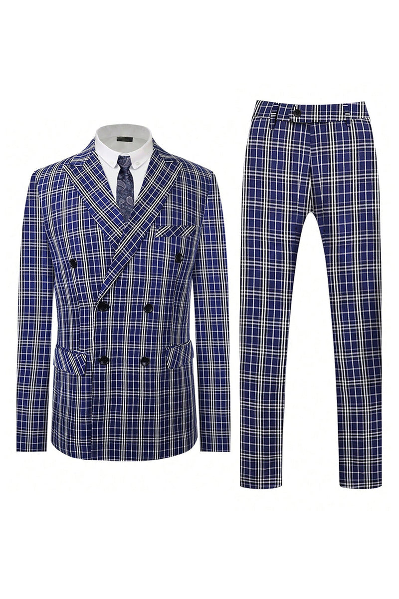 Load image into Gallery viewer, Royal Blue Plaid Peak Lapel Double Breasted 2 Piece Men&#39;s Suit