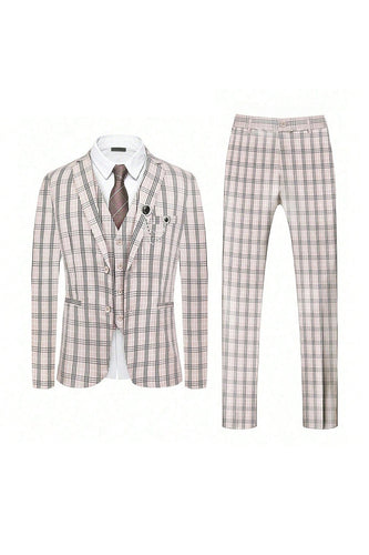 Light Khaki Plaid Notched Lapel 3 Pieces Men's Suits