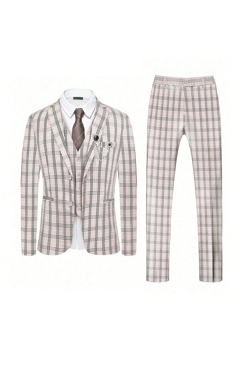 Load image into Gallery viewer, Light Khaki Plaid Notched Lapel 3 Pieces Men&#39;s Suits