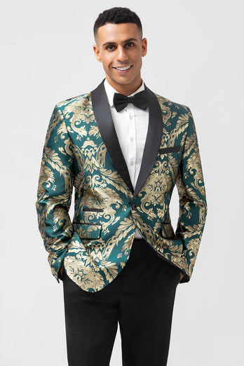 Shawl Lapel Dark Green One Button Jacquard Men's Blazer