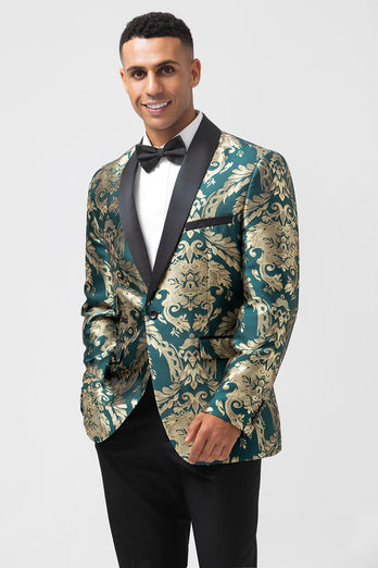 Shawl Lapel Dark Green One Button Jacquard Men's Blazer