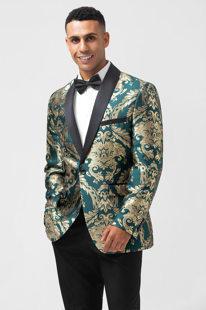 Load image into Gallery viewer, Shawl Lapel Dark Green One Button Jacquard Men&#39;s Blazer