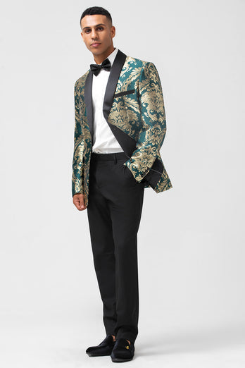 Shawl Lapel Dark Green One Button Jacquard Men's Blazer