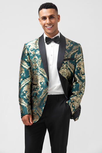 Shawl Lapel Dark Green One Button Jacquard Men's Blazer