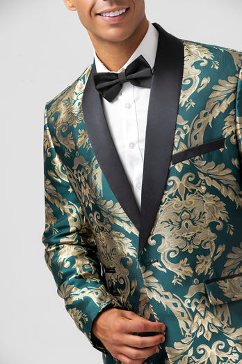 Shawl Lapel Dark Green One Button Jacquard Men's Blazer