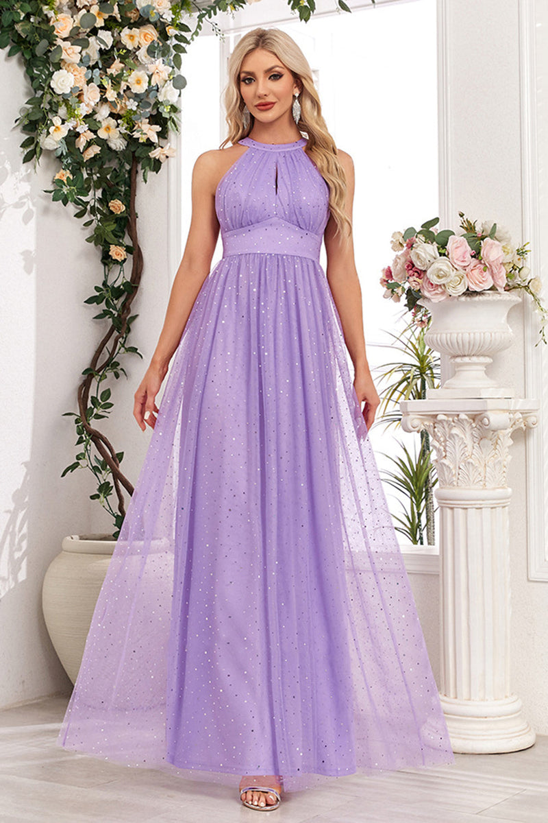 Load image into Gallery viewer, Sparkly Purple A Line Halter Long Prom Dress