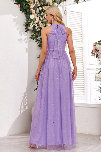 Sparkly Purple A Line Halter Long Prom Dress