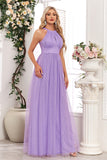 Sparkly Purple A Line Halter Long Prom Dress