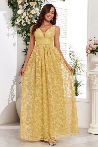 Yellow V-Neck Long Prom Dress With Appliques