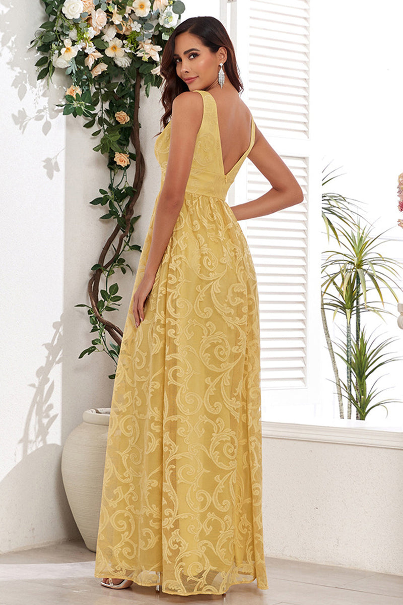 Load image into Gallery viewer, Yellow V-Neck Long Prom Dress With Appliques