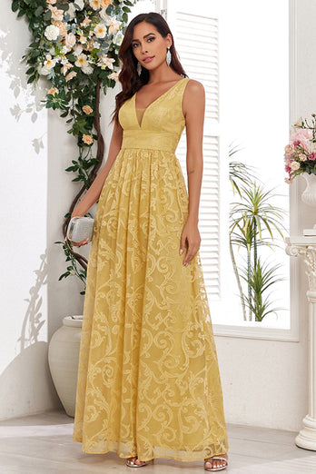 Yellow V-Neck Long Prom Dress With Appliques