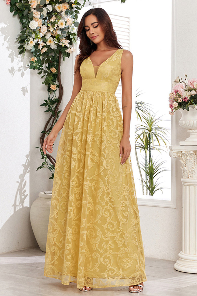 Load image into Gallery viewer, Yellow V-Neck Long Prom Dress With Appliques