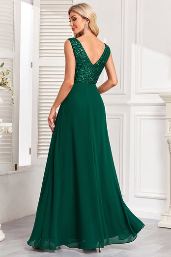 Sparkly Dark Green A Line Sequins Long Prom Dress with Ruffles