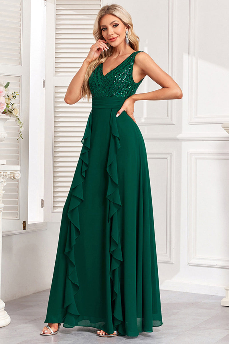 Load image into Gallery viewer, Sparkly Dark Green A Line Sequins Long Prom Dress with Ruffles