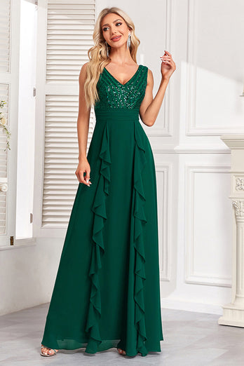 Sparkly Dark Green A Line Sequins Long Prom Dress with Ruffles