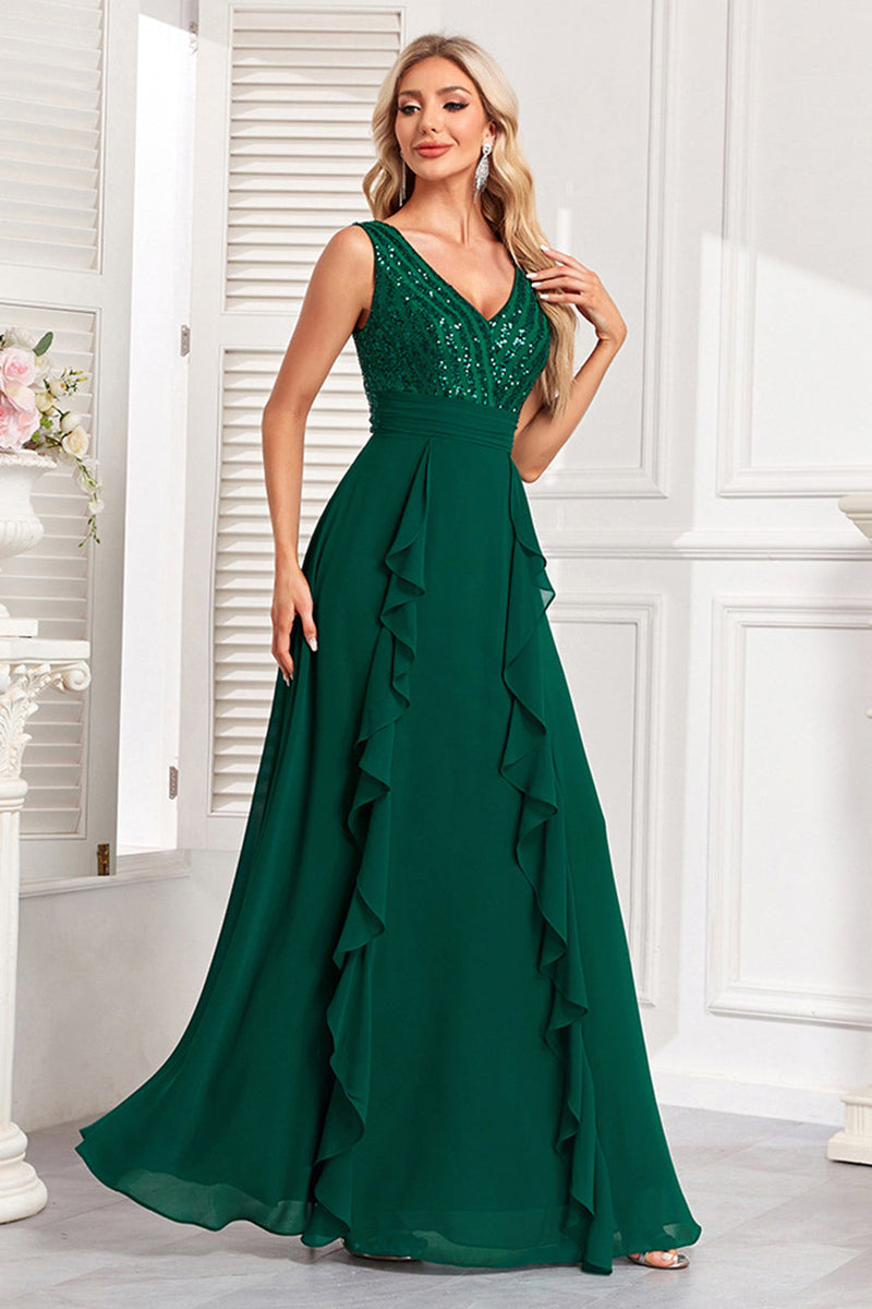 Load image into Gallery viewer, Sparkly Dark Green A Line Sequins Long Prom Dress with Ruffles