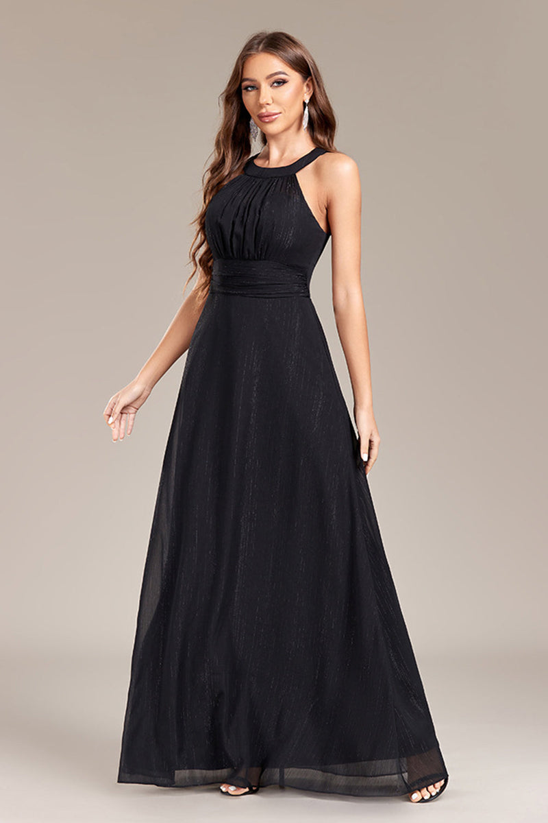 Load image into Gallery viewer, Black A Line Halter Long Prom Dress with Open Back