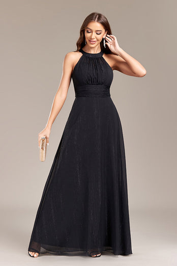 Black A Line Halter Long Prom Dress with Open Back