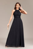 Black A Line Halter Long Prom Dress with Open Back