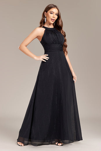 Black A Line Halter Long Prom Dress with Open Back