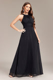 Black A Line Halter Long Prom Dress with Open Back