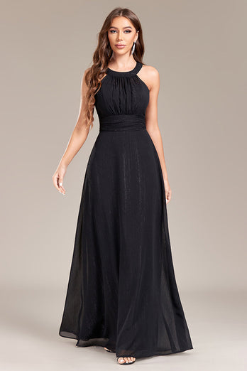 Black A Line Halter Long Prom Dress with Open Back