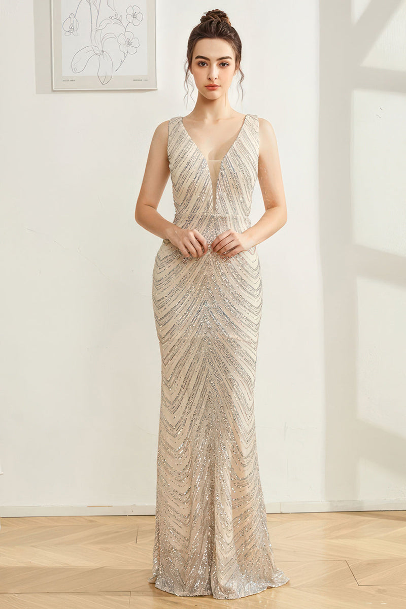 Load image into Gallery viewer, Sparkly Silver Mermaid V Neck Long Prom Dress