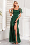 Sparkly Dark Green A Line Long Prom Dress With Slit