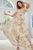 Load image into Gallery viewer, Yellow Flower A Line Print Long Prom Dress with Puff Sleeves