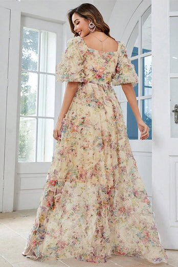 Yellow Flower A Line Print Long Prom Dress with Puff Sleeves