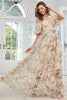 Load image into Gallery viewer, Yellow Flower A Line Print Long Prom Dress with Puff Sleeves