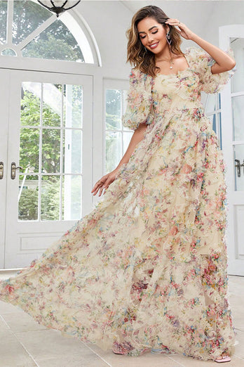 Yellow Flower A Line Print Long Prom Dress with Puff Sleeves