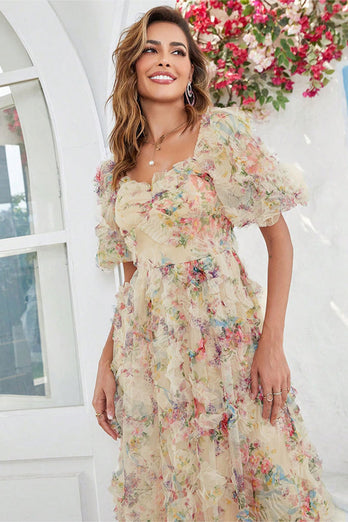 Yellow Flower A Line Print Long Prom Dress with Puff Sleeves