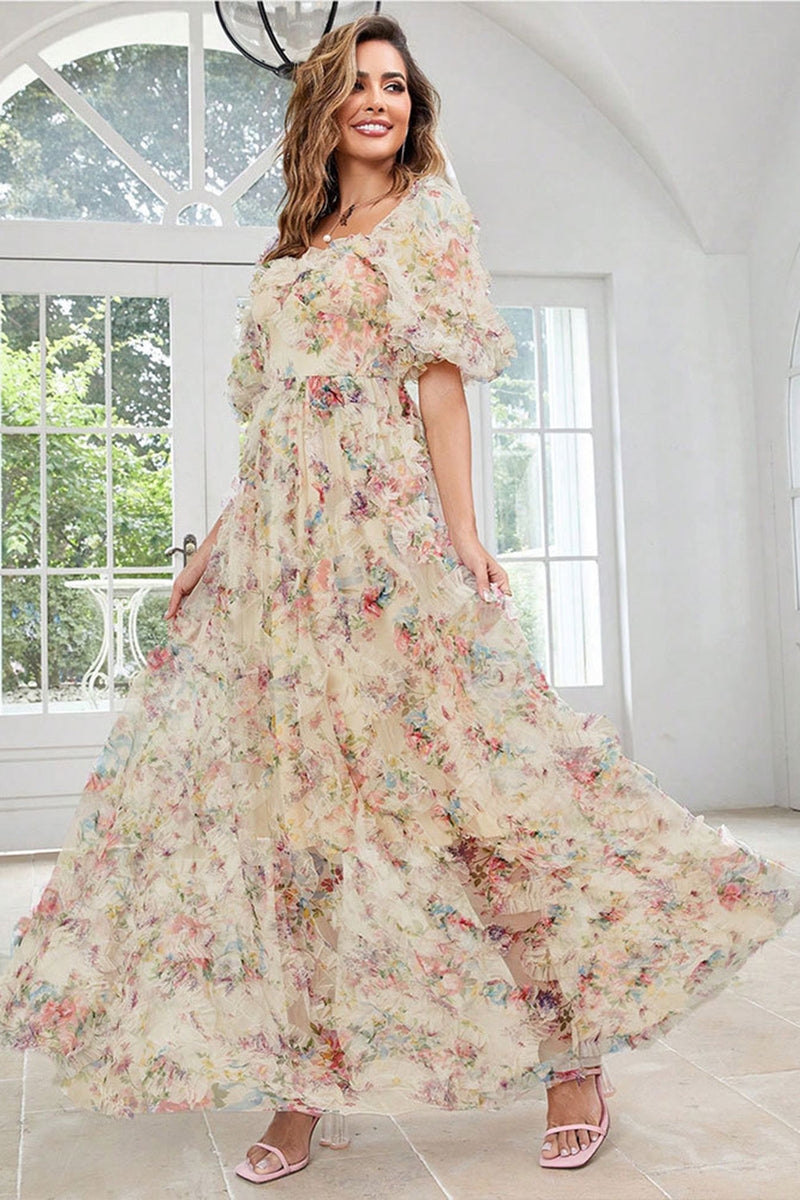 Load image into Gallery viewer, Yellow Flower A Line Print Long Prom Dress with Puff Sleeves