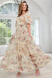 Yellow Flower A Line Print Long Prom Dress with Puff Sleeves